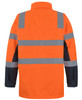 A high-visibility orange jacket with reflective grey stripes, featuring a black section on the sleeves and a collar.