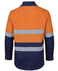 A long-sleeved fishing shirt in orange and navy with reflective stripes and a logo on the chest pocket.