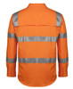 An orange long-sleeve work shirt featuring reflective silver stripes and a back yoke design. The shirt has a logo.