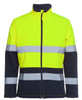 A high-visibility jacket in bright yellow and navy, featuring reflective stripes and a zippered front.