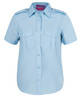 A short-sleeved, button-up shirt in light blue with epaulettes and two chest pockets. It features a logo.