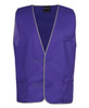 A purple work vest with grey trimming, featuring two front pockets and a logo.