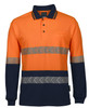 High-visibility long-sleeve polo shirt in orange and navy, featuring reflective segmented tape and a chest pocket.