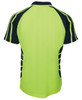 A bright lime green polo shirt with navy blue accents, featuring a logo on the back.