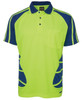 A short-sleeved polo shirt in fluorescent yellow and navy blue, featuring a logo and a pocket on the front.