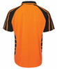 An orange and black polo shirt with a logo, featuring a sporty design and mesh details.