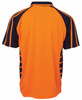An orange and navy work polo shirt with a sporty design and a logo on the chest.