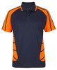 A navy blue polo shirt with orange accents and detailing, featuring a collar and a front pocket. It has a logo.