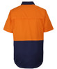 Short-sleeved work shirt in orange and navy, featuring a colour-block design with a back yoke and a logo.
