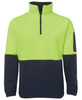A high-visibility polar fleece pullover in bright lime green and navy, featuring a zip neck and a side pocket.