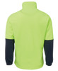 A bright lime green polar fleece with navy blue sleeves and a high collar, featuring a branded logo.