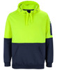 A high-visibility hoodie in bright yellow and navy, featuring a front pocket and a logo on the sleeve.