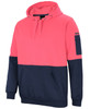 A pink and navy hoodie with a front pocket, hood, and sleeve branding.
