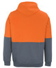 A work hoodie featuring a grey body with an orange upper section and a hood, complete with a logo.