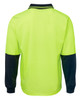A long-sleeved polo shirt in high visibility yellow with navy blue sleeves and a collar. Features a brand logo.
