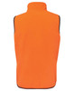 An orange work vest with a high collar and black trim, featuring a logo on the front.
