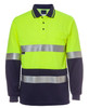 A long-sleeved high-visibility polo shirt in bright yellow and navy, featuring reflective stripes and a logo.