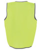A high-visibility safety vest in fluorescent yellow with grey trim, featuring a logo on the back.