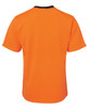 An orange work t-shirt with short sleeves and a black collar, featuring a logo on the back.