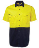 A short-sleeved work shirt in bright yellow and navy blue with two front pockets and a logo.
