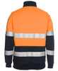 A fleecy sweat in orange and navy, featuring reflective stripes and a high collar. The back view showcases the design.