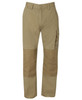 A pair of beige cargo pants with side pockets and reinforced patchwork on the lower legs. Features a small branding logo.