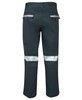 Work trousers in dark green with reflective tape on the legs. Features pockets and a logo on the waistband.