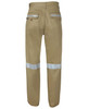 Work trousers in khaki with reflective tape on the legs. Features pockets and a logo on the back.