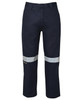 Navy work trousers featuring reflective tape on the lower legs and a logo. Suitable for workwear.