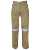Khaki work trousers featuring reflective tape accents, designed for safety and visibility, with a branded logo.