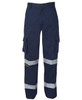Navy work pants with reflective tape and multiple pockets, featuring a logo on the design.