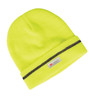 A lime green reflective beanie with a folded brim and a branding label.