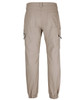 A pair of beige cargo joggers with multiple pockets, featuring elastic cuffs and a branded logo on the back.