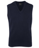 A navy blue knitted vest with a V-neck and sleeveless design, featuring a label inside.