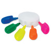 A set of five highlighters in vibrant colors—green, yellow, orange, pink, and blue—surrounding a circular white holder.