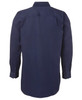 A navy long-sleeved work shirt featuring a close front design and buttoned cuffs, with a logo displayed.