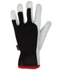 A black and natural glove featuring a mesh design and a fitted wrist. The glove has a logo.
