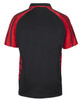 A polo shirt featuring a black body with red accents and a logo on the front.