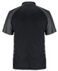 A black polo shirt featuring a sleek design with contrasting grey accents and a logo on the back.