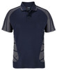 A navy polo shirt with grey accents and a logo, featuring a classic collar and short sleeves.