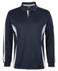 A navy long-sleeve polo shirt featuring white accent stripes and a branding logo on the chest.