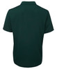 A dark green polo shirt with a collar and short sleeves, featuring a logo on the back.