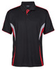 A black polo shirt with red and grey accents, featuring a logo on the chest.