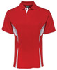 A red polo shirt with white side panels and a collar. Features a logo on the upper back.