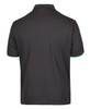 A black polo shirt featuring green accents and a logo on the back.