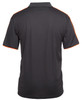 A black polo shirt with orange trim, featuring a logo on the back. The shirt has a classic collar and short sleeves.