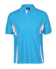 A blue polo shirt featuring grey accents and a branded logo on the chest.