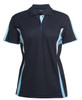 A navy polo shirt for women with light blue and white accents, featuring a collar and a logo.