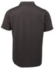 A back view of a gunmetal grey polo shirt with a collar, featuring a logo at the back.