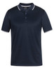 A dark navy polo shirt featuring a contrasting collar and buttons, with a logo on the chest.